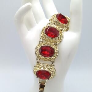 Vintage Red Glass Stone Filigree Link Bracelet, Foil Back Stones, 1960s